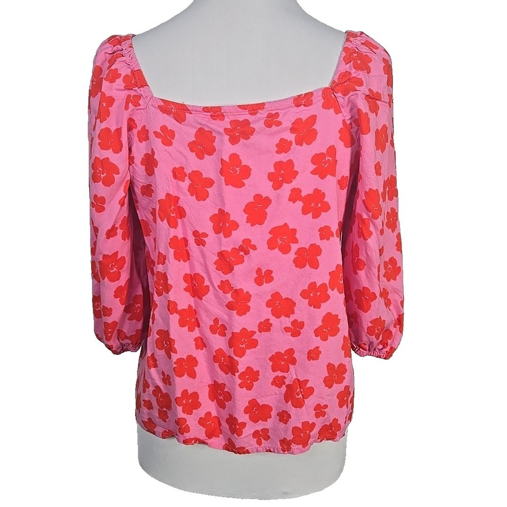 Sanctuary Pink Red Floral Crayon Poplin 3/4 Sleeve Button Front Crop Top Medium - Picture 4 of 7